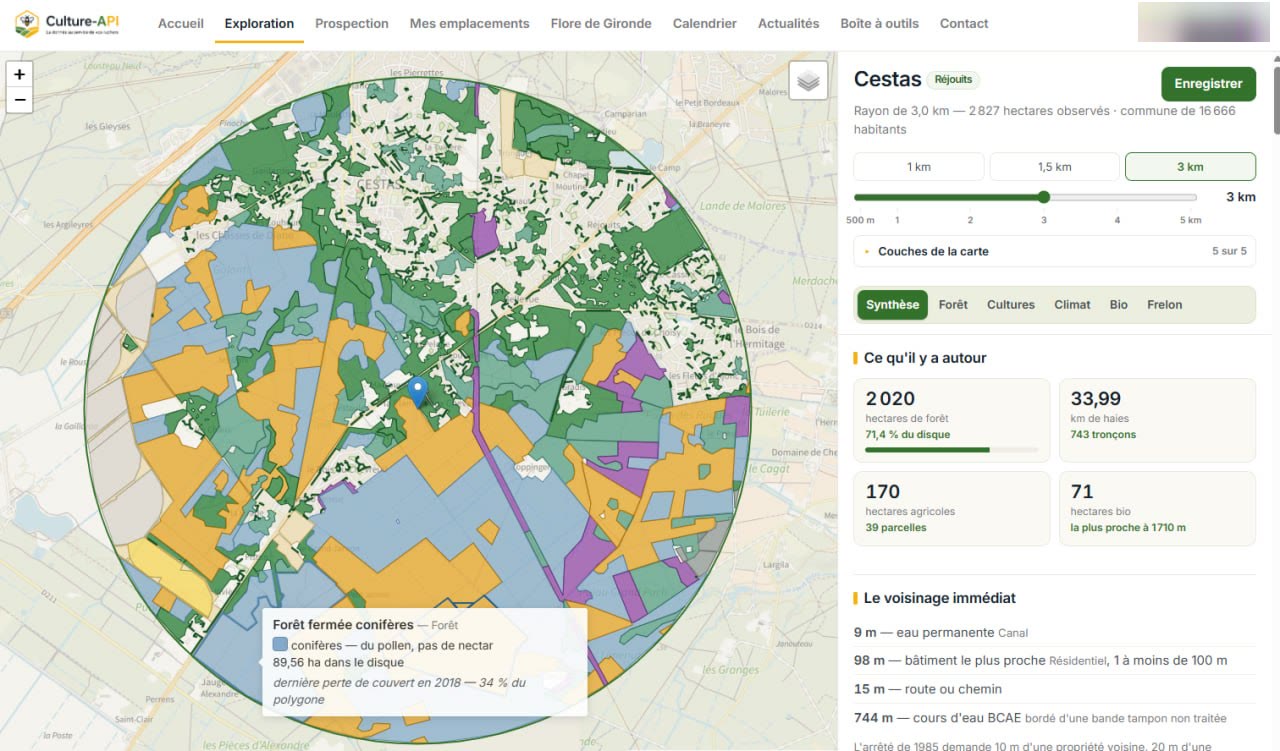 Culture-API : l&rsquo;analyse d&rsquo;un emplacement dans un rayon de 3 km — for&ecirc;t, cultures, haies et voisinage imm&eacute;diat